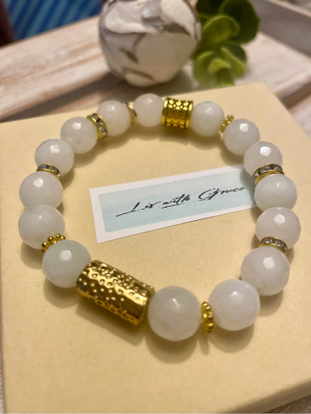 White Cream Quartz 10mm Stretch Gemstone Bracelet with Gold Accents - Picture 3 of 6